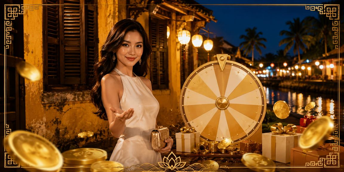 Minh họa người chơi Việt kiểm tra tài khoản và roulette trong không gian Hội An